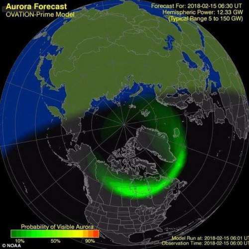 海洋與大氣管理局稱,預測顯示此次太陽風暴將是一次G-1級、即“較弱級”風暴。圖為北美可能出現極光的地區。
