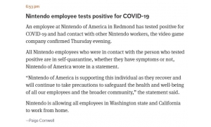 美國任天堂證實一名員工出現(xiàn)新冠病毒檢測陽性