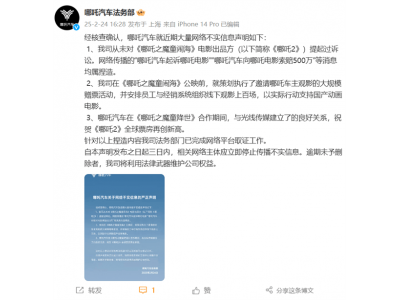 哪吒汽車辟謠：從未起訴哪吒電影，索賠500萬消