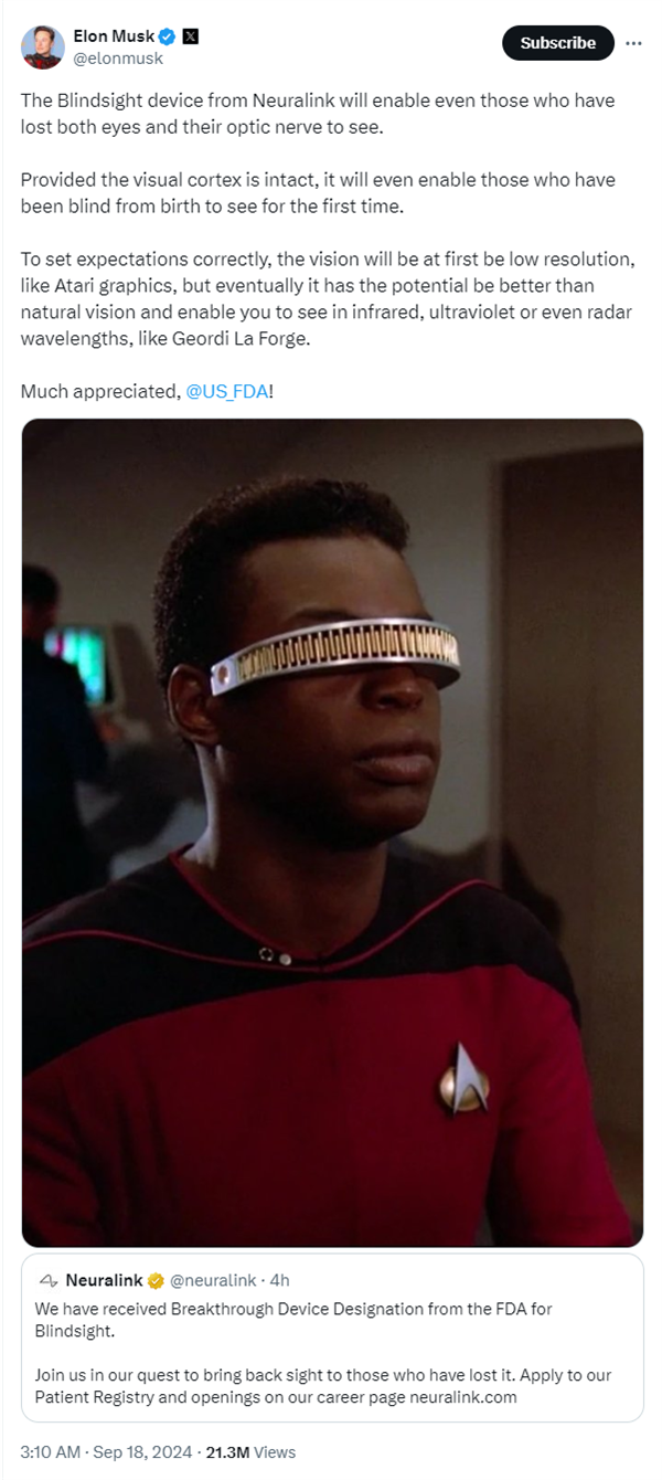 馬斯克腦機接口公司盲視項目獲醫療器械認證:幫助盲人重見光明