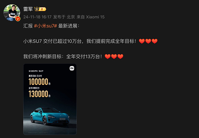小米汽車沖刺13萬臺年交付量新目標！雷軍驚嘆SU7 Ultra一項數據