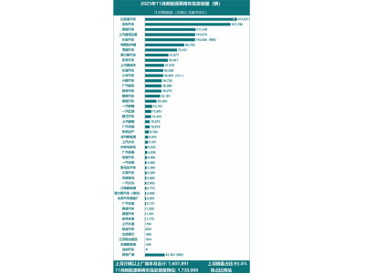 2025年11月新能源汽車廠商銷量榜公布：特斯拉跌